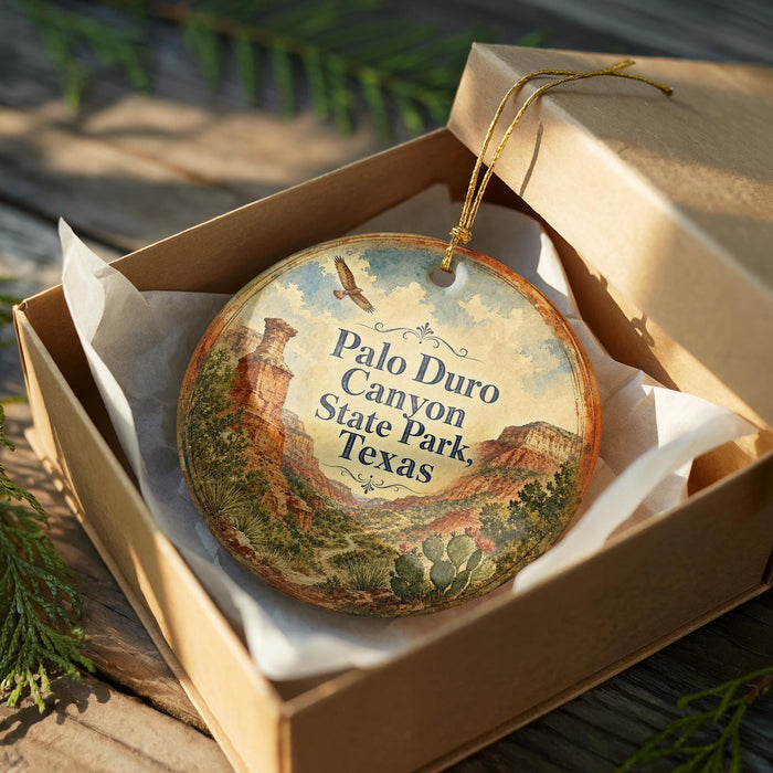 A decorative ornament in a box, featuring a scenic image of the Palo Duro Canyon State Park in Texas.