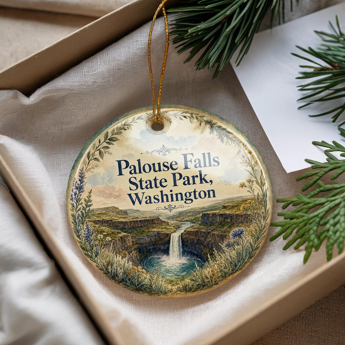 A decorative ornament with the text "Palouse Falls State Park, Washington" and an illustration of a waterfall surrounded by greenery.