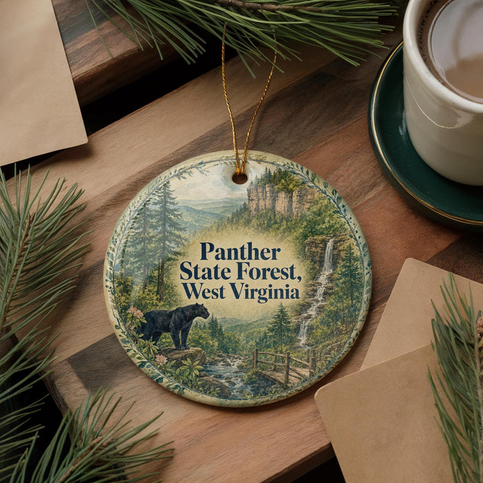A decorative ornament featuring a black panther in a forest setting, with text that reads "Panther State Forest, West Virginia".