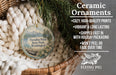 Ceramic ornaments, specifically those featuring a landscape scene, are displayed in a basket. The text highlights the ornaments as "Ceramic Ornaments" and mentions their features such as "Cozy, High-quality Prints", "Vibrant & Long Lasting", "Shipped Fast in with Holiday Packaging", and " Won't Peel or Fade Over Time". The image also includes a logo for "Flying Pig - SIGN COMPANY".