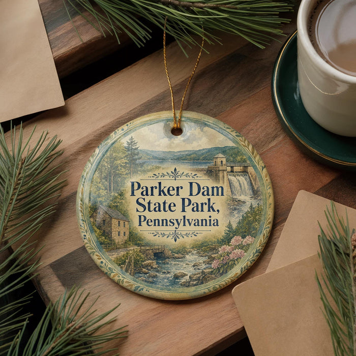 A decorative ornament featuring a scenic image of the Parker Dam in Pennsylvania, with the text "Parker Dam State Park, Pennsylvania" prominently displayed.