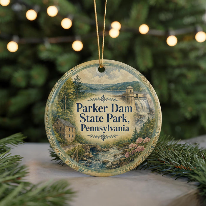 A round ornament with a scenic image of the park, featuring a waterfall and a house, is displayed on a table with pine branches in the background.