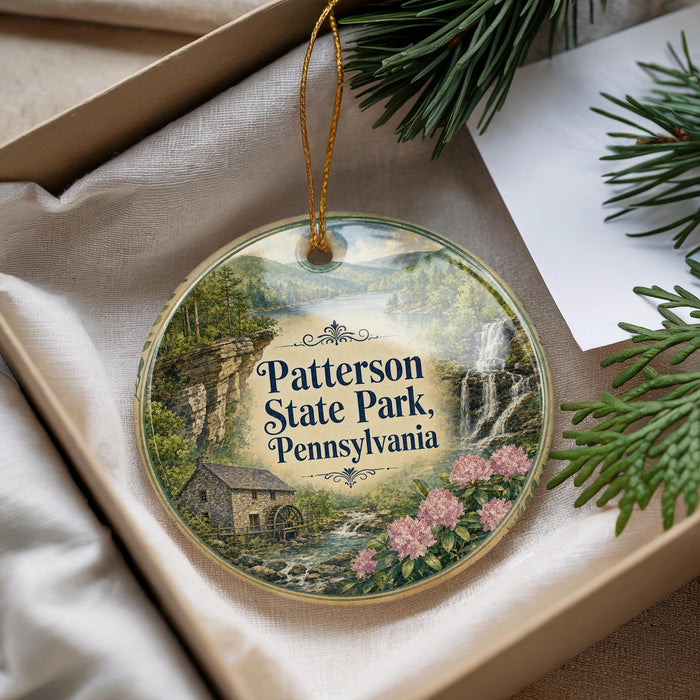 A decorative ornament with a scenic image of Paterson State Park, Pennsylvania, hanging from a string.