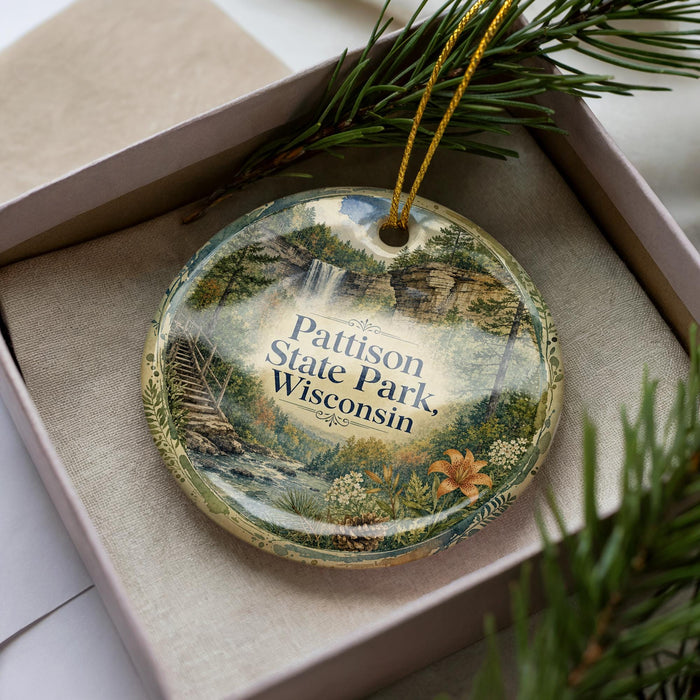 A decorative ornament in a box, featuring a scenic landscape with a waterfall and pine trees.