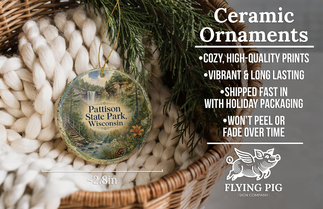 Ceramic ornaments, featuring a scenic image of Pattison State Park, Wisconsin, hanging from a wicker basket.