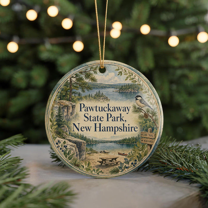 A circular ornament with a scenic landscape of Pawtuckaway State Park, New Hampshire, featuring a bird, pine trees, and a lake.