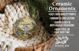 Ceramic ornaments, featuring a detailed illustration of the scenic Pelermates Falls State Park in Texas, are displayed in a woven basket. The text highlights the ornaments as "cozy, high-quality prints" and "vibrant and long lasting", with a description of their shipping speed and the fact that they won't peel or fade over time.