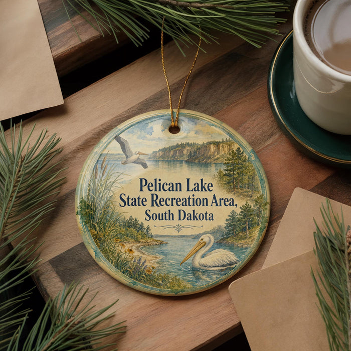 A round ornament with a scenic image of Pelican Lake, South Dakota, featuring a bird and a lake, is displayed on a wooden surface alongside a cup of coffee and some pine branches.