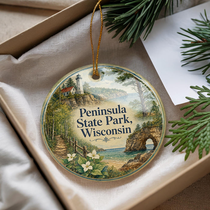 A decorative ornament with a lighthouse and a scenic landscape, featuring the text "Peninsula State Park, Wisconsin" on it.