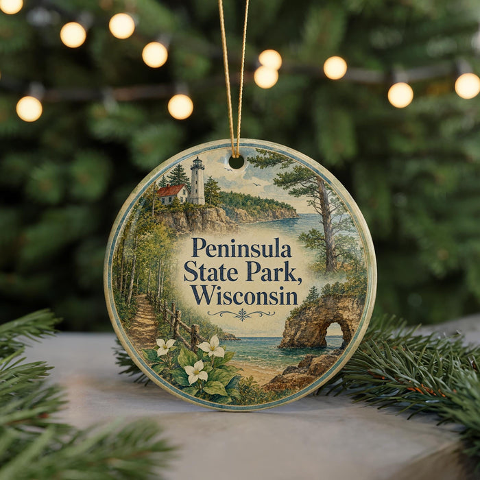 A round ornament with a scenic image of Peninsula State Park, Wisconsin, featuring a lighthouse and a coastal landscape.