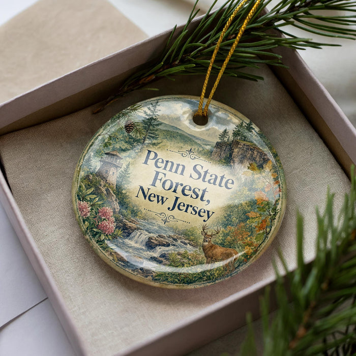 A decorative ornament in a box, featuring a scenic landscape with a forest, a waterfall, and a deer.