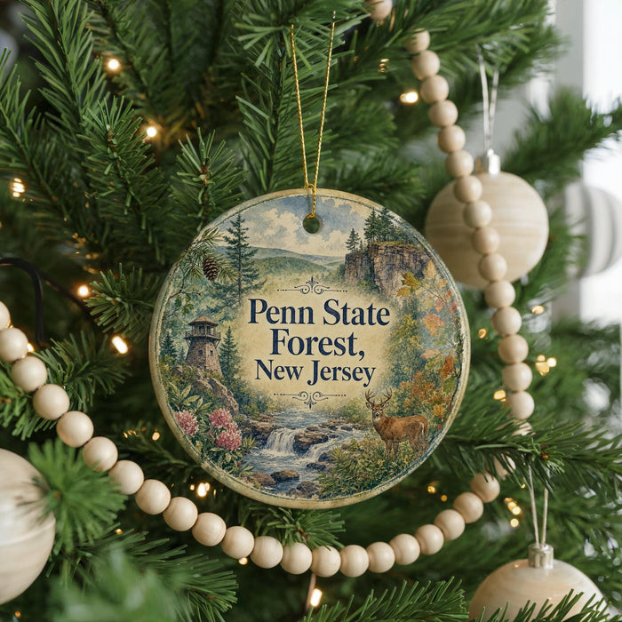 A round ornament hanging on a Christmas tree, featuring a scenic image of the Penn State Forest in New Jersey.