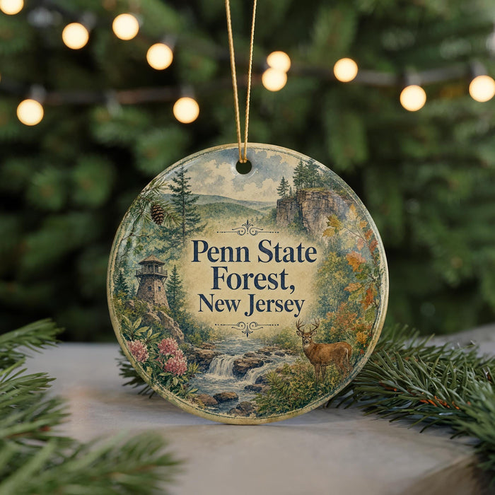 A round ornament with a scenic image of the Penn State Forest in New Jersey, featuring a waterfall, pine trees, and a deer.