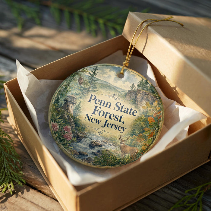 A decorative ornament in a brown box, featuring a scenic landscape with a river, trees, and mountains.
