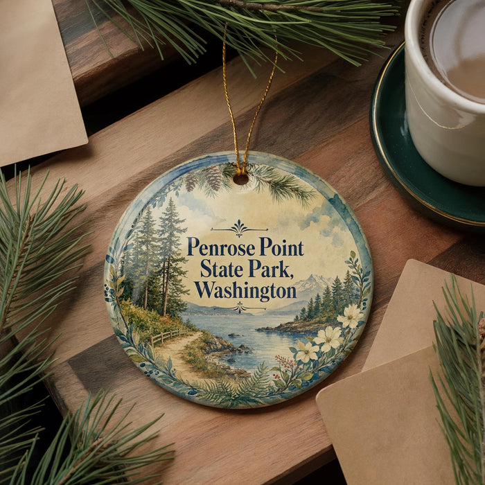 A decorative ornament with a scenic landscape of Penrose Point State Park, Washington, featuring pine trees, a lake, and mountains.