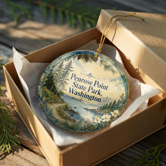 A decorative ornament in a cardboard box, featuring a scenic landscape with pine trees, a river, and a bridge.