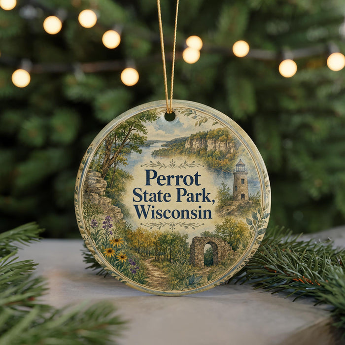 A round ornament with a painting of Perrot State Park, Wisconsin, hanging from a string.