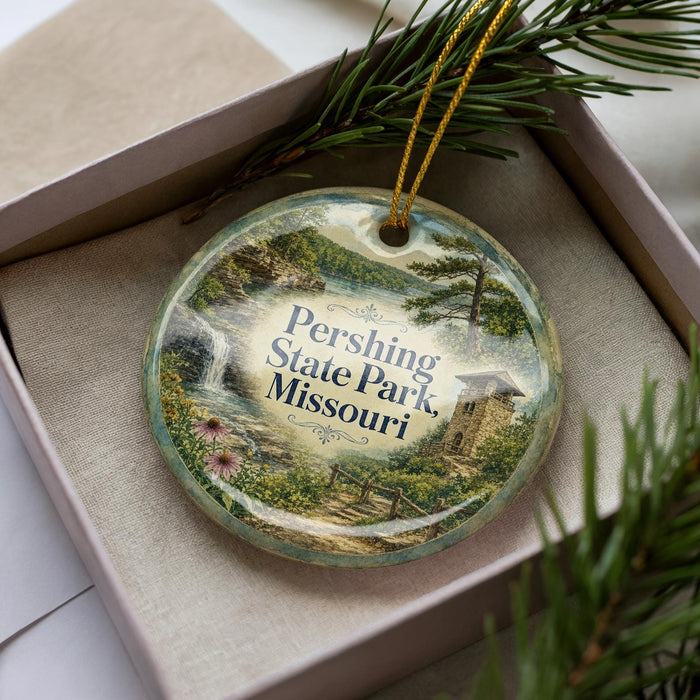 A decorative ornament in a box, featuring a scenic landscape with a waterfall and pine trees.