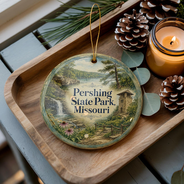 A decorative ornament featuring a scenic image of Pershing State Park, Missouri, with pine cones and a lit candle on a wooden tray.
