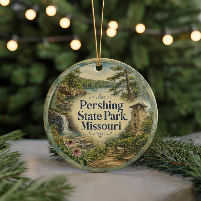 A round ornament with a scenic landscape of Pershing State Park, Missouri, featuring a waterfall, pine trees, and a path leading to a tower.