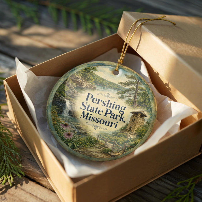 A decorative ornament in a wooden box, featuring a scenic landscape with a waterfall and greenery.