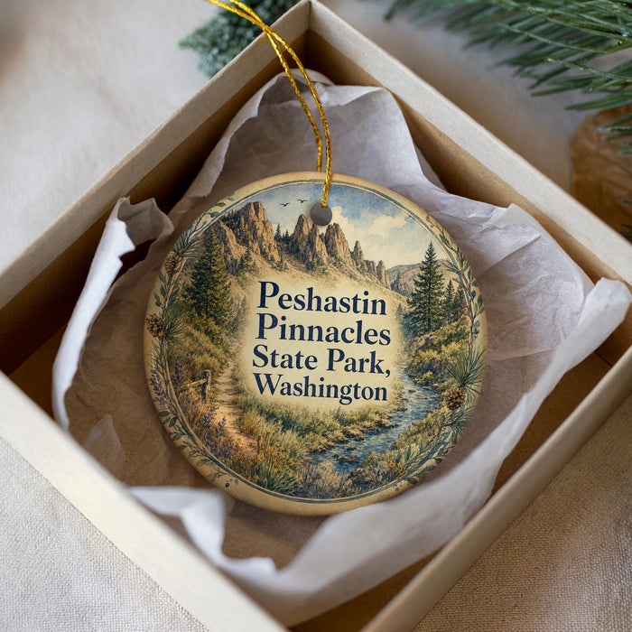 A decorative ornament in a box, featuring a scenic landscape with mountains and pine trees.