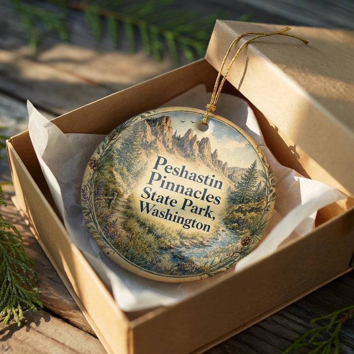 A decorative ornament in a wooden box, featuring a scenic landscape with mountains and pine trees.