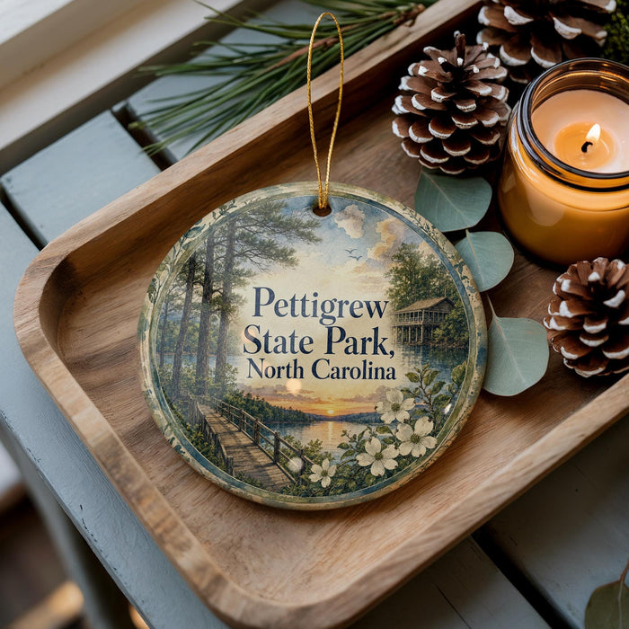 A wooden tray with a decorative ornament featuring a scenic landscape of Petigrew State Park, North Carolina, and pine cones.