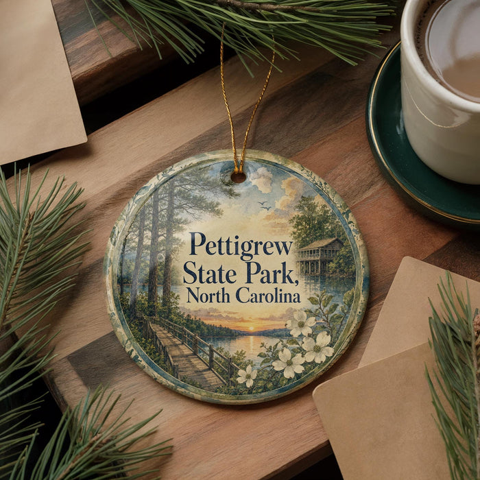 A decorative ornament with a scenic image of Petigrew State Park, North Carolina, is displayed on a wooden surface alongside a cup of coffee and some pine branches.