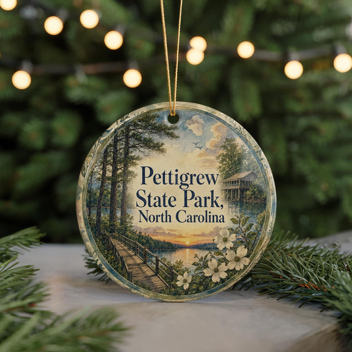 A circular ornament with a scenic image of a park, featuring a wooden walkway, trees, and a sunset, hanging from a string.