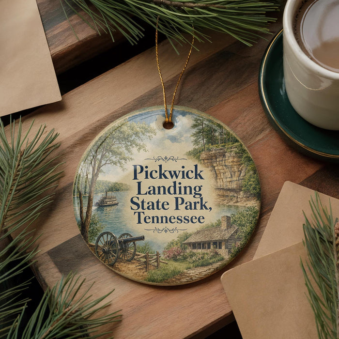 A circular ornament with a scenic image of Pickwick Landing State Park, Tennessee, hanging on a wooden surface.