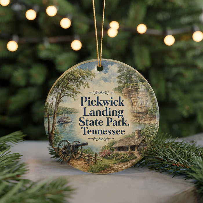 A round ornament with a painting of a scenic landscape, featuring a river, trees, and a cabin, hanging in front of a blurred Christmas tree with lights.