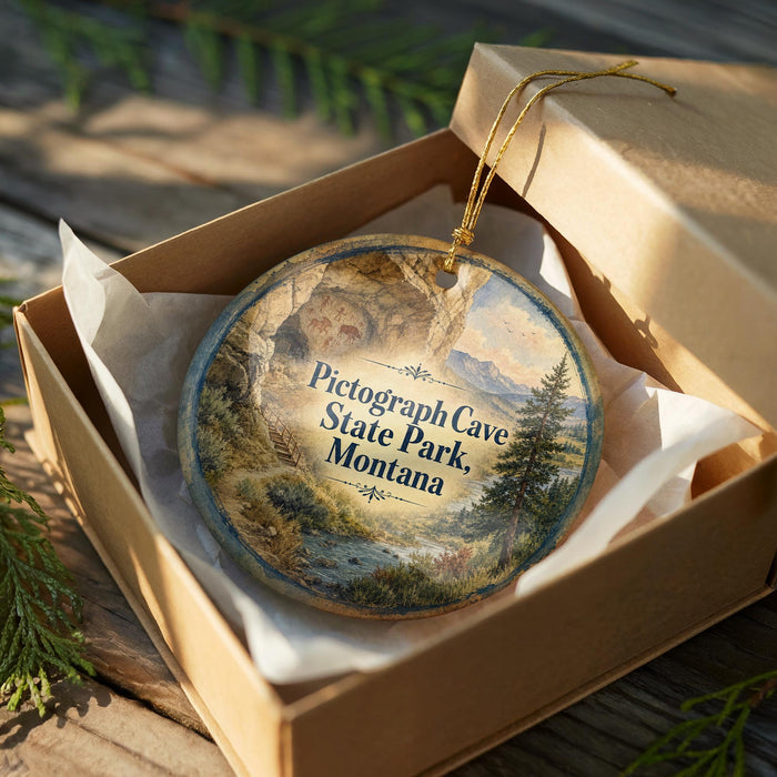 A circular ornament in a wooden box, featuring a scenic landscape with mountains and a river, with the text "Pictograph Cave State Park, Montana" printed on it.