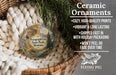 Ceramic ornaments, featuring a picture of a scenic landscape, are displayed in a basket with pine branches. The text highlights the ornaments as "Ceramic Ornaments" and mentions their features such as "Cozy, high-quality prints", "Vibrant & long lasting", "Shipped fast in with holiday packaging", and " Won't peel or fade over time".