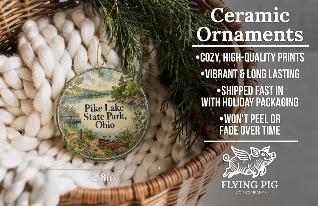 Ceramic ornaments, featuring a scenic image of Pike Lake State Park, Ohio, hanging from a wicker basket.