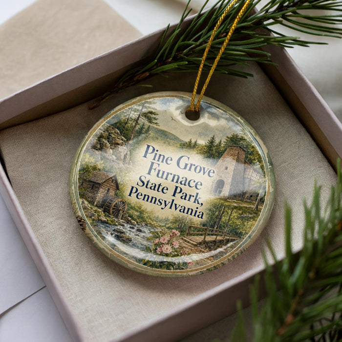 A decorative ornament in a box, featuring a scenic image of Pine Grove Furnace State Park in Pennsylvania.