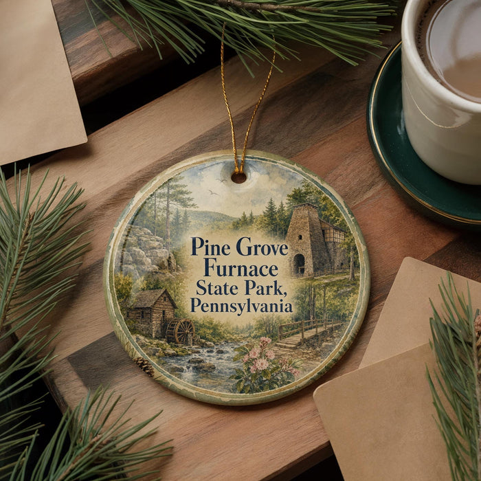 A round ornament with a painting of Pine Grove Furnace State Park, Pennsylvania, hanging on a wooden surface.