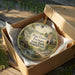 A round ornament in a box, featuring a scenic image of the Pine Grove Furnace State Park in Pennsylvania.