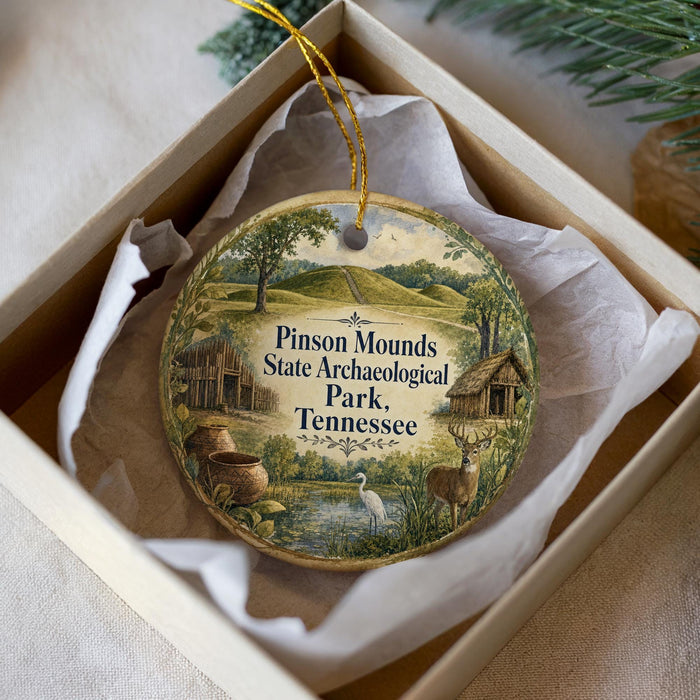 A decorative ornament in a white box, featuring a landscape with a house, trees, and wildlife, including a deer and a bird.