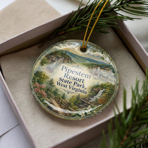 A decorative ornament in a box, featuring a scenic landscape with a waterfall and buildings, with the text "Piperstem Resort State Park, West Virginia" printed on it.