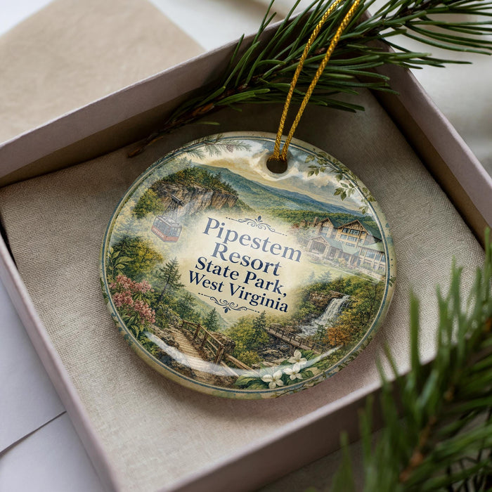 A decorative ornament in a box, featuring a scenic landscape with a waterfall and buildings, with the text "Piperstem Resort State Park, West Virginia" printed on it.