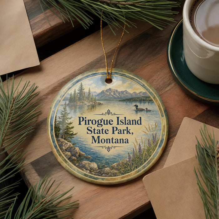 A decorative ornament with a scenic landscape of Pirogue Island, State Park, Montana, featuring a lake, mountains, and pine trees.