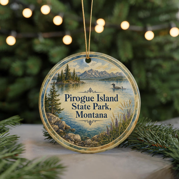A round ornament with a scenic landscape of Pirogue Island, State Park, Montana, featuring a lake, mountains, pine trees, and a duck.