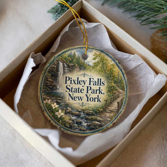 A decorative ornament in a box, featuring a scenic image of Pixley Falls State Park in New York.