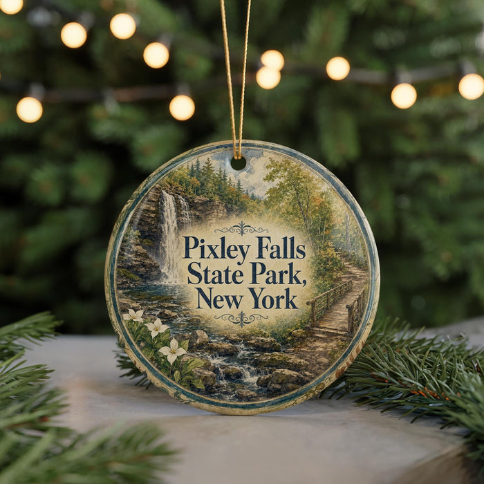 A circular ornament with a scenic image of Pixley Falls State Park in New York, featuring a waterfall and a path leading through the forest.