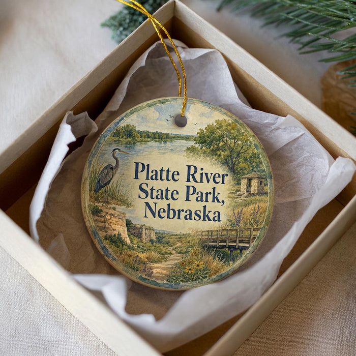 A round ornament with a painting of a bird and a landscape, hanging from a string inside a box.