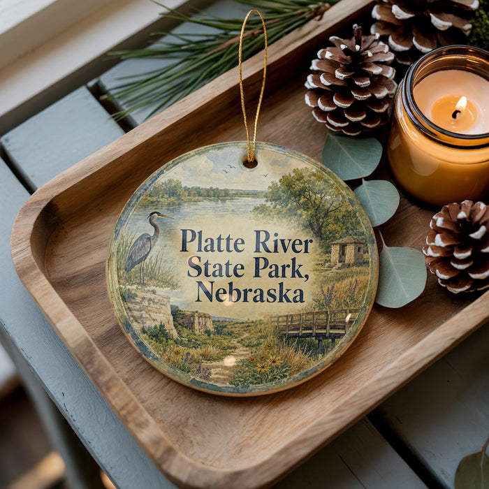 A decorative ornament with a scenic image of Platte River State Park, Nebraska, is displayed on a wooden tray alongside pine cones and a lit candle.