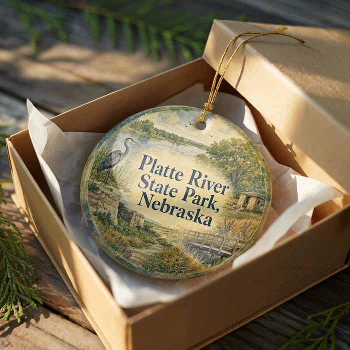 A decorative ornament in a brown box, featuring a scenic image of the Platte River State Park in Nebraska.