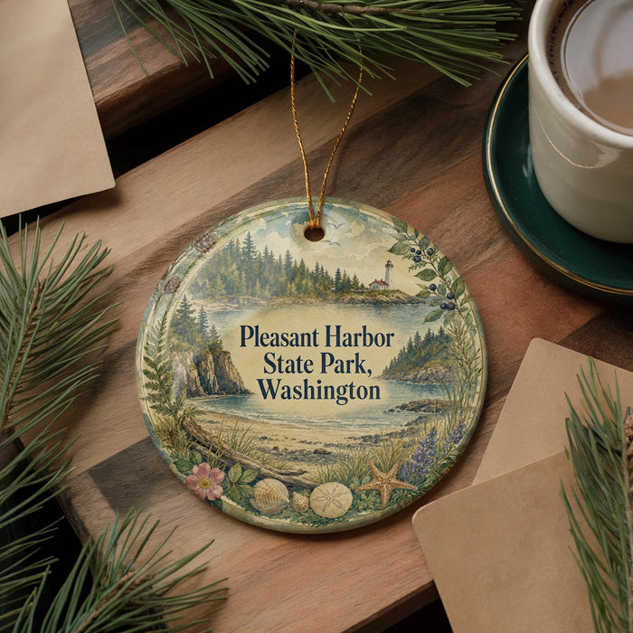 A decorative ornament with a scenic landscape of Pleasant Harbor State Park in Washington, featuring pine trees, a lighthouse, and a body of water.