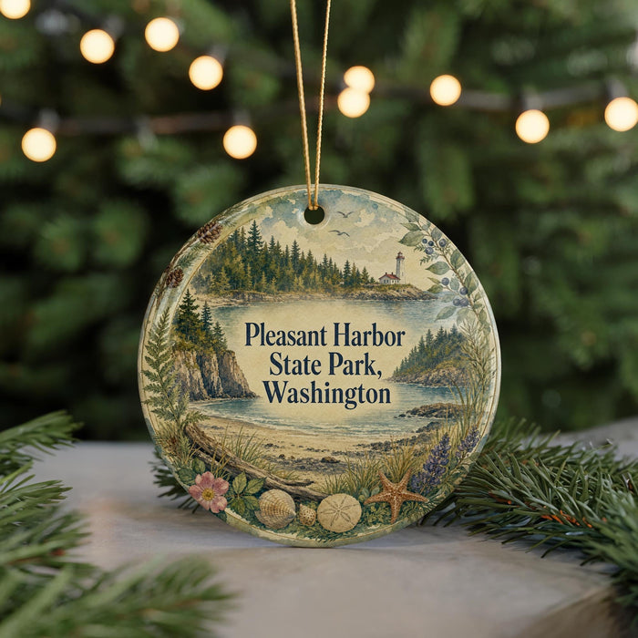 A round ornament with a scenic landscape of a forest, a lighthouse, and a body of water, hanging from a string.